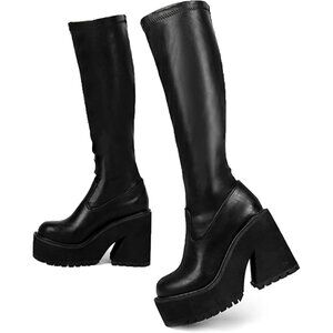 Aminugal Womens Black Synthetic Chunky Block High Heel Knee High Platform Boots
